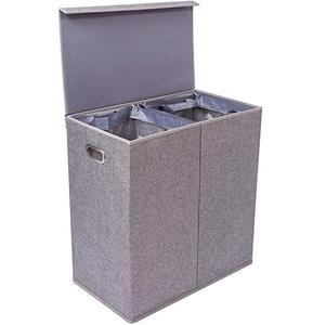 lot 15935 image: BirdRock Home Double Laundry Hamper with Lid and Removable Liners - Linen - Easily Transport Laundry - Foldable Hamper - Cut Out Handles