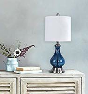 lot 17502 image: 22 Sapphire Blue Seeded Glass Accent Lamp ft. Curvy Gourd Design, Brushed Nickel Details, and Off-White Linen Drum Shade - Beautiful Contemporary Lighting for Any Room
