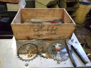 lot 2261 image: Wood Box, Saw Blades and Misc