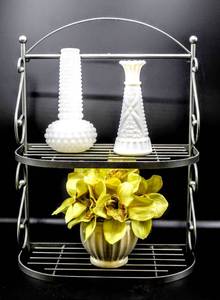 lot 3438 image: 2 Shelf Wall Rack Metal Chrome Finish and 2 Milk Glass Vases and Small Floral Display