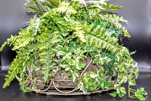 lot 3440 image: Metal Hanging Planter Basket with Faux Greenery, 14 wide x 5 tall