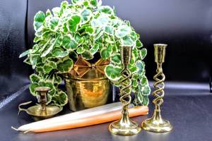 lot 3441 image: Copper and Brass Planter Pot and Faux Plant with 3 Brass Candle Stick Holders and Taper Candles
