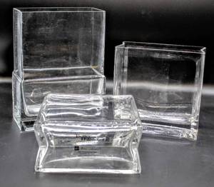 lot 3443 image: 3 Better Homes Collection Glass Block Vases (1) 8 tall x 6 wide and (2) 6 x 5.75