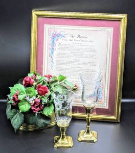 lot 3428 image: Beautiful Brass Framed Picture Our Purpose 16.5 x 14.5, Floral Arrangement in Brass Container and 2 Beautiful Etched Glass and Brass Candle Holders