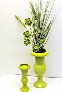 lot 3429 image: 2 Bright Green Vases and Floral Arrangement with Button Flowers