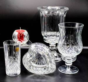 lot 3432 image: Cut Glass Crystal Lot including 11, 8.5, 6 Vases, Heart Box with Lid and Votive Candle Orb