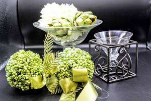 lot 3435 image: Glass Display Dish Fruit Bowl 10 Diam. x 7 Tall, 2 Green Deco Balls, Art Decorative Glass Holder and Stand
