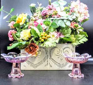 lot 3437 image: Metal Planter with Spring Flower Arrangement, 2 Pink Glass Candle Holders with Frosted Tips and 1 Box of New Tealight Candles