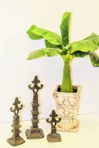 lot 3418 image: 12, 8 , 6 Metal Fleur De Lis Decor and Fleur De Lis Planter with Faux Baby Palm Plant