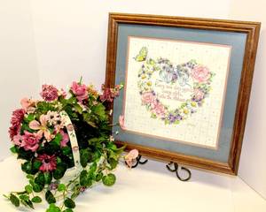 lot 3420 image: Matted and Framed Picture 17 x 17 and Basket with Floral Arrangement