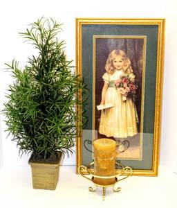 lot 3421 image: Brass Lot with Adorable Framed Picture 23.5 x 12.5, Faux Plant 25 tall, and Pillar Candle with Brass Stand