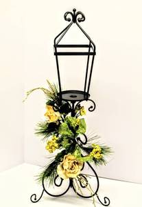lot 3425 image: Decorative Black Metal Candle Lantern 30 Tall with Floral Decor