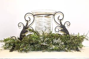 lot 3405 image: Wrought Iron Table Top Centerpiece Floral Display with Hurricane Vase 31 Long x 15 Tall