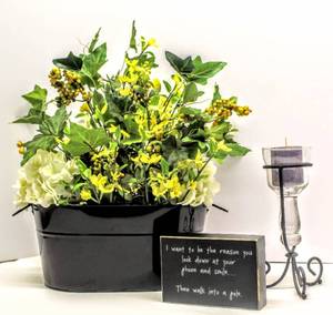 lot 3406 image: 12 Tin Planter with Assorted Spring Flowers, Candle Holder and I want to be The Reason Sign