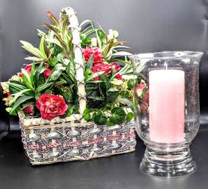 lot 3409 image: Clear Bubble Glass Vase Candle Holder 10 Tall x 7 Diam. and Basket with Floral Bouquet 15 Tall x 13 Wide