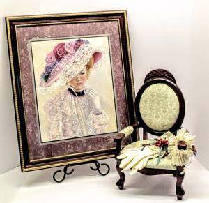 lot 3412 image: Nicely Matted and Framed Victorian Picture 23 x 18 and 15 Tall Miniature Parlor Chair Decor with Antique Vintage Gloves and Lace Garter