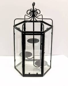 lot 3413 image: 21 x 12 Octagon Candelabra Glass and Black Metal with Loop at top for hanging