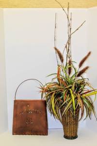 lot 3415 image: Home Interiors Hanging Metal Welcome Basket and Wicker Potted Artificial Plant