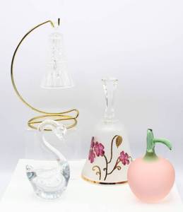 lot 3522 image: Crystal Bells, Swan and Frosted Glass Apple paperweight sculpture
