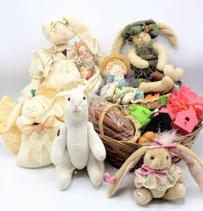 lot 3536 image: Stuffed Bunnies and Basket Full of Miscellaneous Crafting items - Perfect for Easter Baskets