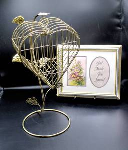 lot 3445 image: Golden Birdcage 19 Tall and New Framed Picture God Made You Special 11.5 x 9.5