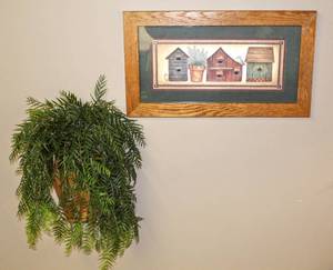 lot 3446 image: 23 x 13 Oak Framed Birdhouse Picture and Copper Hanging Planter with Faux Plant