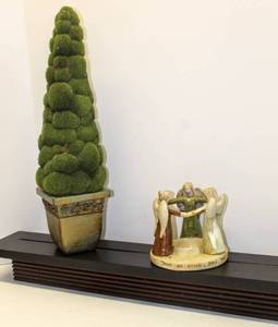 lot 3447 image: Floating Wall Shelf 28 Long x 5 Deep, Moss Tree in Pot 20 Tall and Circle of Angels Candle Holder By Roma Downey for Home Interiors