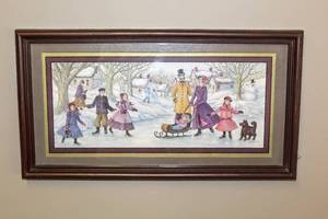 lot 3448 image: 22 x 12 Picture of Old Time Winter and Potted Tabletop Tree in Woven Basket 21 Tall
