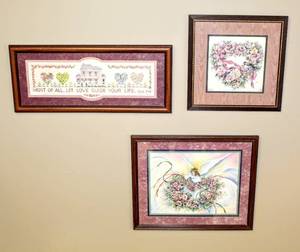lot 3449 image: Trio of Matted Framed Coordinating Pictures 22 x 10, 18.5 x 16 , and 13.5 x 13.5
