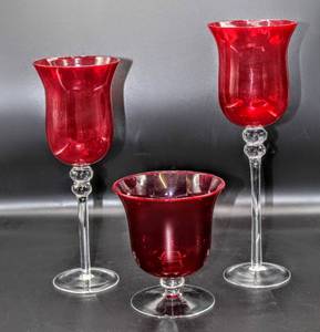 lot 3453 image: Red Glass Goblet Trio Candle Holders 12.5, 11, and 6 Tall