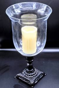 lot 3456 image: 17 Tall x 9 Wide Candle Hurricane on Metal Base with Battery Operated Pillar Candle