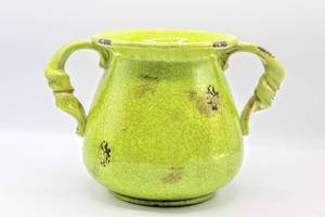 lot 3463 image: Bright Green Crackle Pot with Handles 7 Tall x 7 Wide Opening
