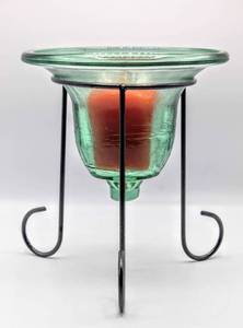 lot 3465 image: Recycled Glass Candle Vase on Footed Stand with Candle Stands 9 Tall x 10 Wide