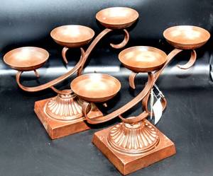 lot 3469 image: 2 New Home Interiors Heavy Metal 3 Candle Holders Pedastals 13 Wide x 10 Tall