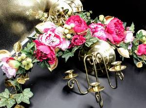 lot 3471 image: 3 Vintage Brass Wall Candle Sconces Wall Plate 6.5 Diameter with Floral Wall Sash with Brass Leaf Details