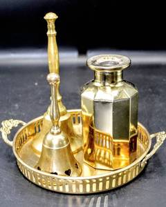 lot 3473 image: Assorted Brass Including 3 Candle Rings, Brass Tray, Small Brass Vase and 2 Brass Bells