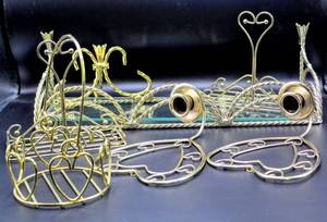 lot 3474 image: Brass and Glass Wall Shelf, 2 Wall Sconces, 2 Small Wire Brass  Trays and Brass Basket