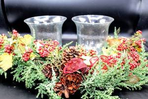 lot 3475 image: Berry Swag and 2 Brass and Bumpy Glass Candle Holders Vases 6.5 Tall