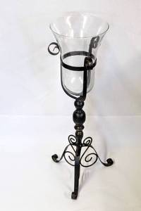 lot 3562 image: 31 Tall Dark Metal Plant Stand And Glass Hurricane Vase (Matches 3561)