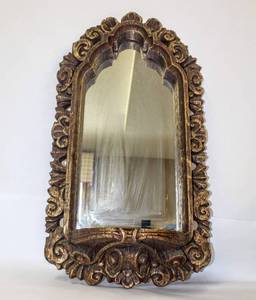 lot 3571 image: Vintage Ornate Gilded Wood and Composition Faux Wood Mirror with Shelf 30 Tall, Shelf 8 Deep