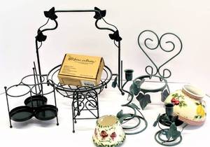 lot 3582 image: Green Metal Lot of Plate Stand, Pot Sitter, Napkin or Envelop Holder, Candle Holders and more