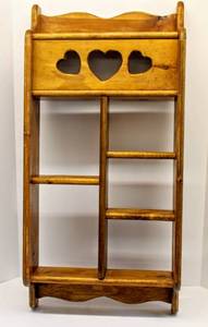 lot 3583 image: Large Wooden Hanging Display Shelf with Heart Cutouts 33 Tall x 17.5 x 5.5 Deep