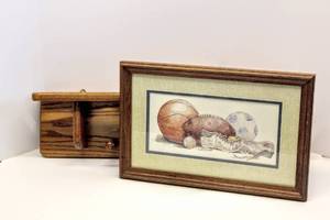 lot 3586 image: Kids Room Floating Wall Shelf with Slots to hold Bats and Balls and Nicely Framed and Matted Sports Picture