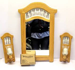 lot 3588 image: 3 piece set, Mirror 25.5 x 13.5  and 2 Wall Sconces 13 Tall with Votive Glass and New Box of Home Interior Votives