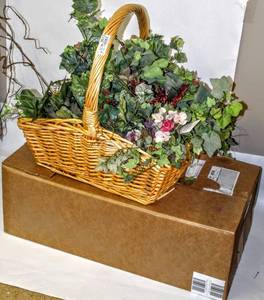 lot 3613 image: Large Box Full of Faux Greenery and Large Basket 24 x 17 Full of Flowers and Foliage