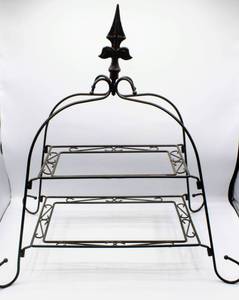 lot 3549 image: Fleur de Lis Design Black Metal Scroll Tray Holder