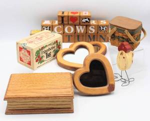 lot 3597 image: Mini 3 The Boyds Collection Basket, Wood Word Blocks, Wood Jewelry Box with Variety of Brooch Pins and Wood Tea Box
