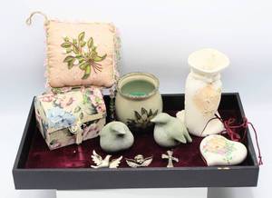 lot 3598 image: Velvet Lined Black Tray with Variety of Home Decor and Brooch Pins