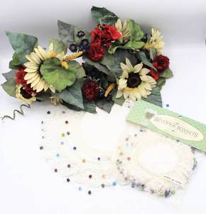 lot 3600 image: (2) Sunflower Floral Greenery Swags, White Doilies with Colorful Beads and New in Pkg Matching Doilies Beverage Bonnets
