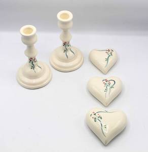 lot 3601 image: Set of (3) Wall Hanging Ceramic Hearts and a Pair of Matching Ceramic Candleholders - All come in the box - Home Interiors - Lasting Products
